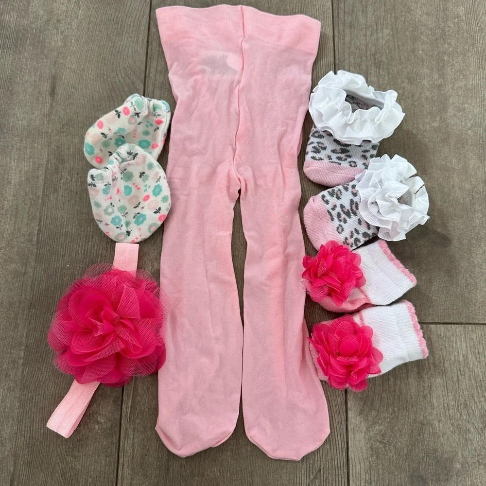 0-6 m baby girl accessory lot -pantyhose, socks bundle, hair piece, hand booties